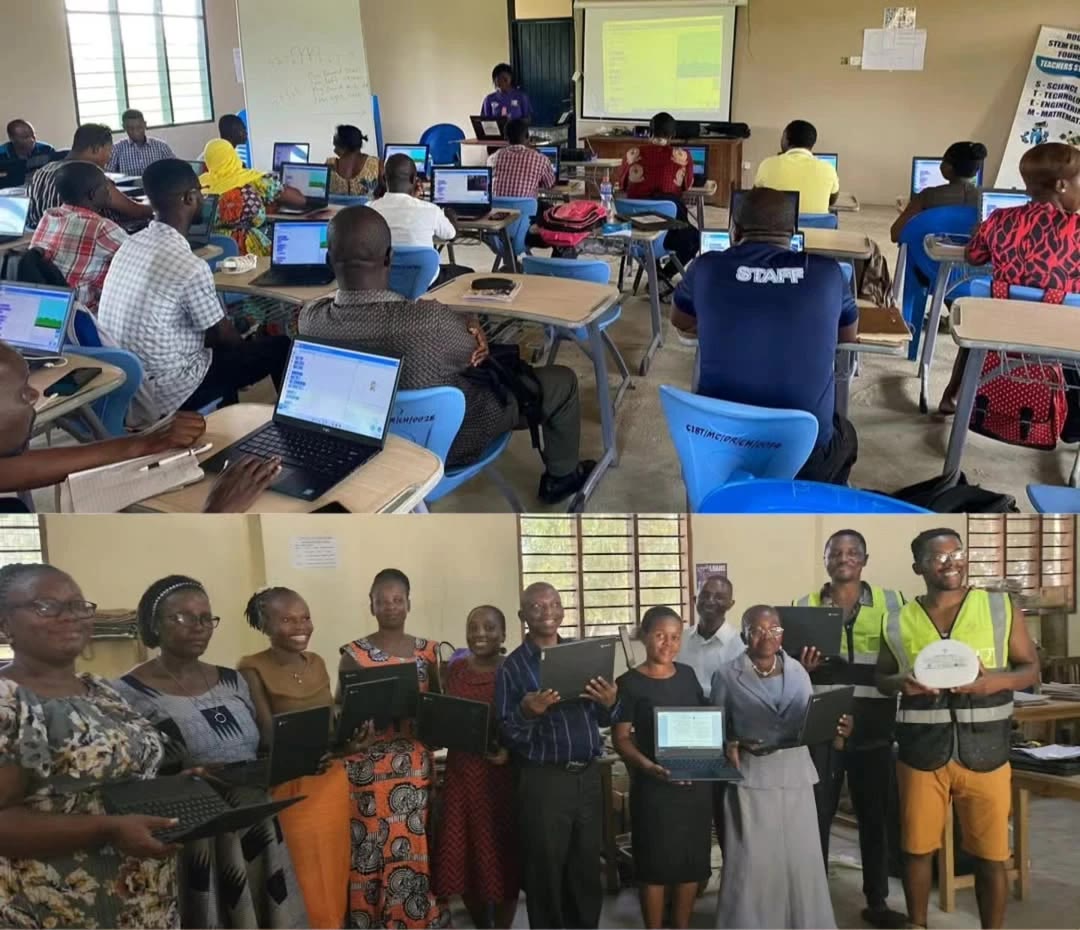 Teachers in Ghana practicing coding on laptops, and teachers holding their new laptops