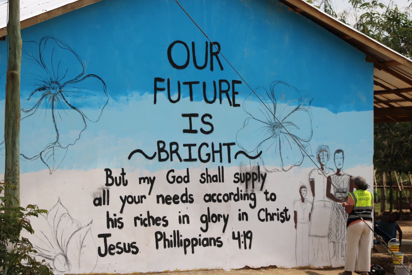 A wall with the mural sketched in