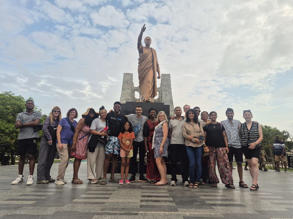 Our travel group in front of the Kwame Nkrumah statue in Accra, Ghana